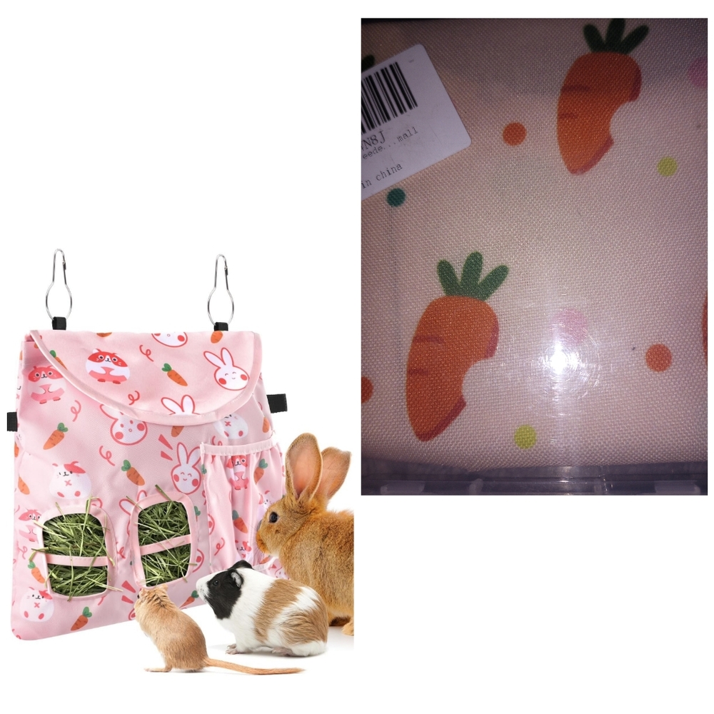Bissap 2 Holes Hanging Hay Rabbit/Small Pet Feeder Hey Bag Carrot Print NWT
